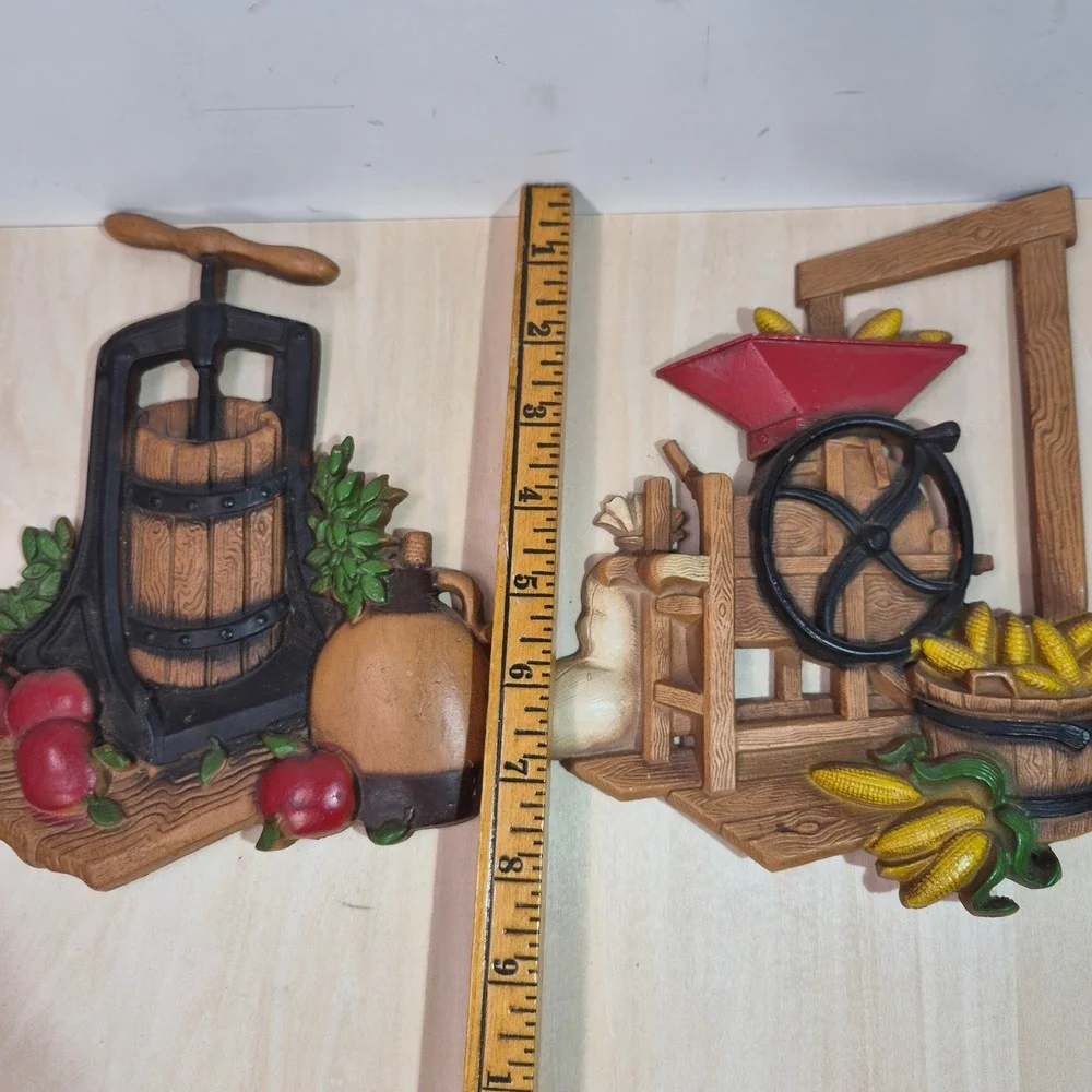 HOMCO Farmhouse Wall Decor Set‎ Apple Press Corn Grinder Rustic Kitchen Art